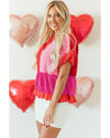 Tomato Red Mix Knitted Patchwork Ruffle Trim Loose Sweater - XL