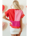 Tomato Red Mix Knitted Patchwork Ruffle Trim Loose Sweater - XL