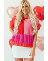 Tomato Red Mix Knitted Patchwork Ruffle Trim Loose Sweater - XL