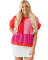 Tomato Red Mix Knitted Patchwork Ruffle Trim Loose Sweater - XL
