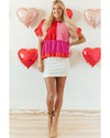 Tomato Red Mix Knitted Patchwork Ruffle Trim Loose Sweater - XL