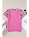 Bright Pink Contrast Printed Cap Sleeves Crewneck Sweater - L