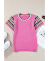 Bright Pink Contrast Printed Cap Sleeves Crewneck Sweater - L