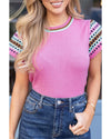 Bright Pink Contrast Printed Cap Sleeves Crewneck Sweater - L