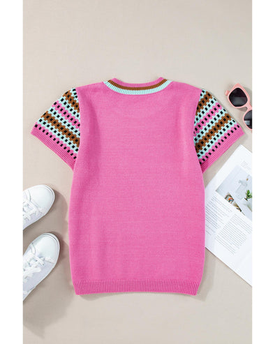 Bright Pink Contrast Printed Cap Sleeves Crewneck Sweater - M