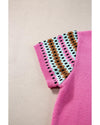 Bright Pink Contrast Printed Cap Sleeves Crewneck Sweater - XL