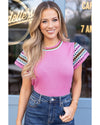 Bright Pink Contrast Printed Cap Sleeves Crewneck Sweater - XL