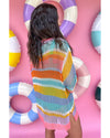 Pink Stripe Colorblock Hollowed Crochet 3/4 Sleeve Sweater - L