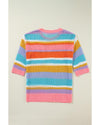 Pink Stripe Colorblock Hollowed Crochet 3/4 Sleeve Sweater - L