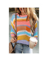 Pink Stripe Colorblock Hollowed Crochet 3/4 Sleeve Sweater - M