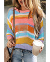 Pink Stripe Colorblock Hollowed Crochet 3/4 Sleeve Sweater - XL