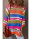 Orange Stripe Colorblock Hollowed Crochet 3/4 Sleeve Sweater - L