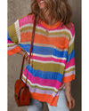 Orange Stripe Colorblock Hollowed Crochet 3/4 Sleeve Sweater - L
