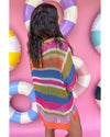 Orange Stripe Colorblock Hollowed Crochet 3/4 Sleeve Sweater - M