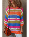 Orange Stripe Colorblock Hollowed Crochet 3/4 Sleeve Sweater - S