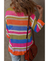 Orange Stripe Colorblock Hollowed Crochet 3/4 Sleeve Sweater - XL
