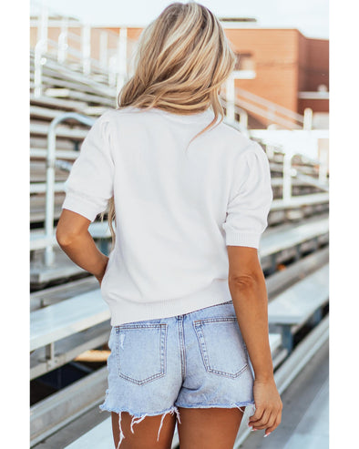 White Touchdown Tinsel Puff Short Sleeve Crew Neck Sweater - XL