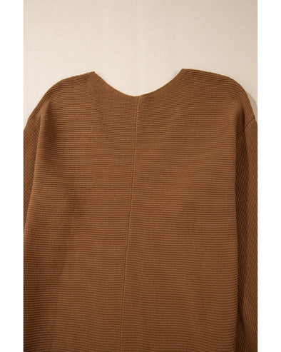 Camel Ribbed Knit Drop Sleeve V Neck Loose Fit Sweater - S