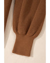 Camel Ribbed Knit Drop Sleeve V Neck Loose Fit Sweater - S
