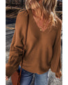 Camel Ribbed Knit Drop Sleeve V Neck Loose Fit Sweater - S