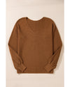 Camel Ribbed Knit Drop Sleeve V Neck Loose Fit Sweater - S