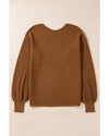 Camel Ribbed Knit Drop Sleeve V Neck Loose Fit Sweater - S