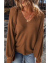 Camel Ribbed Knit Drop Sleeve V Neck Loose Fit Sweater - S