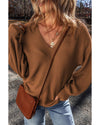 Camel Ribbed Knit Drop Sleeve V Neck Loose Fit Sweater - S
