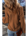 Camel Ribbed Knit Drop Sleeve V Neck Loose Fit Sweater - S