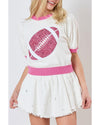 Pink Sequin Rugby Color Block Puff Short Sleeve Sweater - M