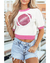Pink Sequin Rugby Color Block Puff Short Sleeve Sweater - M