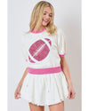 Pink Sequin Rugby Color Block Puff Short Sleeve Sweater - XL