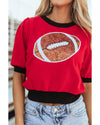Red Sequin Rugby Color Block Puff Short Sleeve Sweater - M