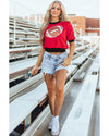 Red Sequin Rugby Color Block Puff Short Sleeve Sweater - XL