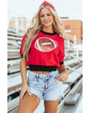 Red Sequin Rugby Color Block Puff Short Sleeve Sweater - XL
