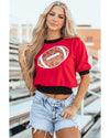 Red Sequin Rugby Color Block Puff Short Sleeve Sweater - XL