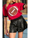 Red Sequin Rugby Color Block Puff Short Sleeve Sweater - XL