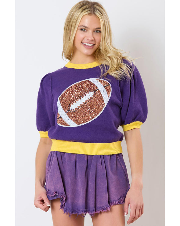 Purple Sequin Rugby Color Block Puff Short Sleeve Sweater - L
