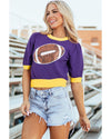 Purple Sequin Rugby Color Block Puff Short Sleeve Sweater - L