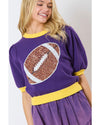Purple Sequin Rugby Color Block Puff Short Sleeve Sweater - XL