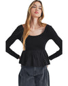 Black Ribbed Knit Long Sleeve Scoop Neck Peplum Patchwork Top - S