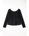 Black Ribbed Knit Long Sleeve Scoop Neck Peplum Patchwork Top - S