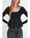 Black Ribbed Knit Long Sleeve Scoop Neck Peplum Patchwork Top - S