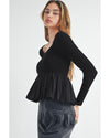 Black Ribbed Knit Long Sleeve Scoop Neck Peplum Patchwork Top - S