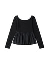 Black Ribbed Knit Long Sleeve Scoop Neck Peplum Patchwork Top - XL