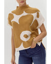 Camel Big Flower Pattern Stand Neck Short Sleeve Sweater - XL