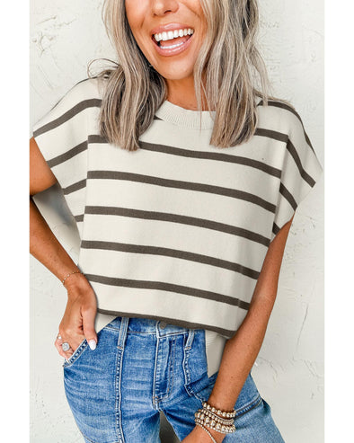 Azura Exchange Brown Stripe Side Slits Crewneck Short Sleeve Sweater Tee - L