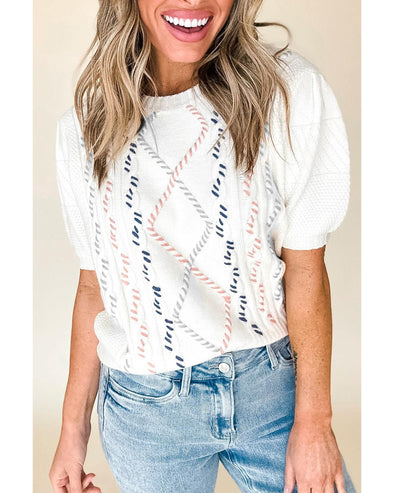 White Multicolor Stitch Detail Cable Knit Short Sleeve Sweater - L