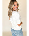 White Multicolor Stitch Detail Cable Knit Short Sleeve Sweater - L