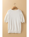 White Multicolor Stitch Detail Cable Knit Short Sleeve Sweater - L